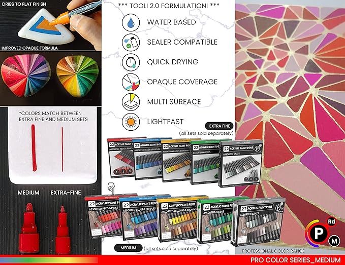 TOOLI-ART 22 Acrylic Paint Markers Paint Pens Pro Color Series Set 3mm Medium Tip for Rock Painting, Glass, Mugs, Wood, Metal, Glass Paint, Canvas, DIY. Non Toxic, Waterbased, Quick Drying (REDS)