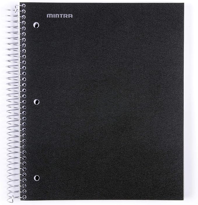 Mintra Office Durable Spiral Notebooks, 5 Subject (Black, College Ruled 1pk)