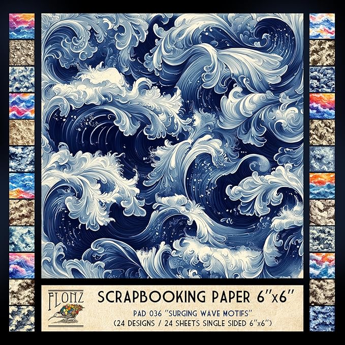 FLONZ Scrapbook Paper (24 sheets 6"x6") Surging Wave Motifs ~ Dynamic ocean wave compositions in digital painting and traditional ink style with rich textures and stylized motion