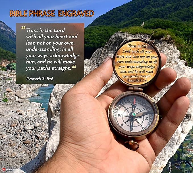 Trust in The Lord With All Your Heart - Proverbs 3:5-6 Quote Engraved Compass With Wooden Box, Greeting Card, Gift Compass, Graduation Day Gifts 2024 for Women Men Boys Girls