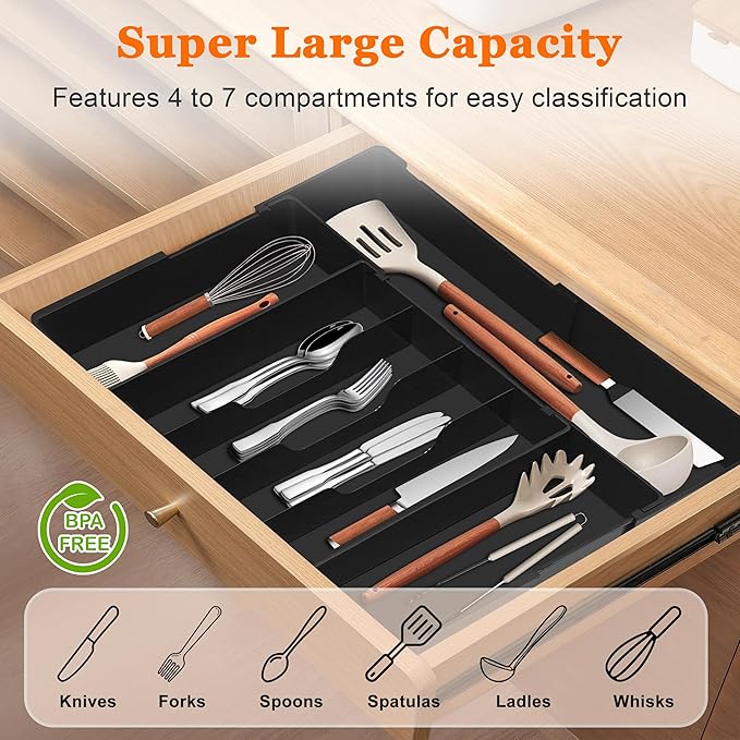Expandable Large Silverware Organizer - BPA-Free Food-Safe Utensil Drawer Organizer Adjustable Kitchen Drawer Organizer Flatware Cutlery Tray, Classified Storage for Spoons Forks Knives