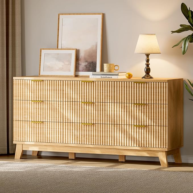 Fluted Dresser with 9 Drawers, 63" Wide Modern Chest of Drawers with Metal Handle, Wooden Dresser TV Stand, Wood Closet Clothes Storage Organizer for Bedroom, Living Room, Hallway, Natural Oak