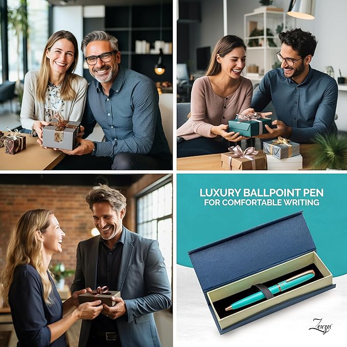 ZenZoi Turquoise Ballpoint Pen – Retractable, Executive Pen for Women w/Rose Gold Trim. Nice Writing Schmidt Ink Refills. Fancy, Luxury Pen Gift Set. Note Taking, Journaling Ball Pen