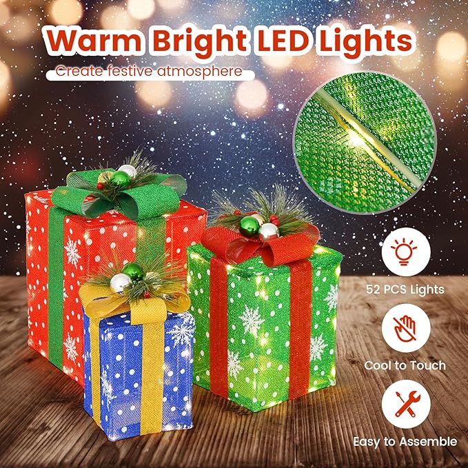Tangkula Set of 3 Lighted Boxes Decoration, Lighted Present Boxes Set with Exquisite Boxes, Indoor Outdoor Christmas Decoration with 52 Pre-lit LED Lights for Yard Lawn Porch