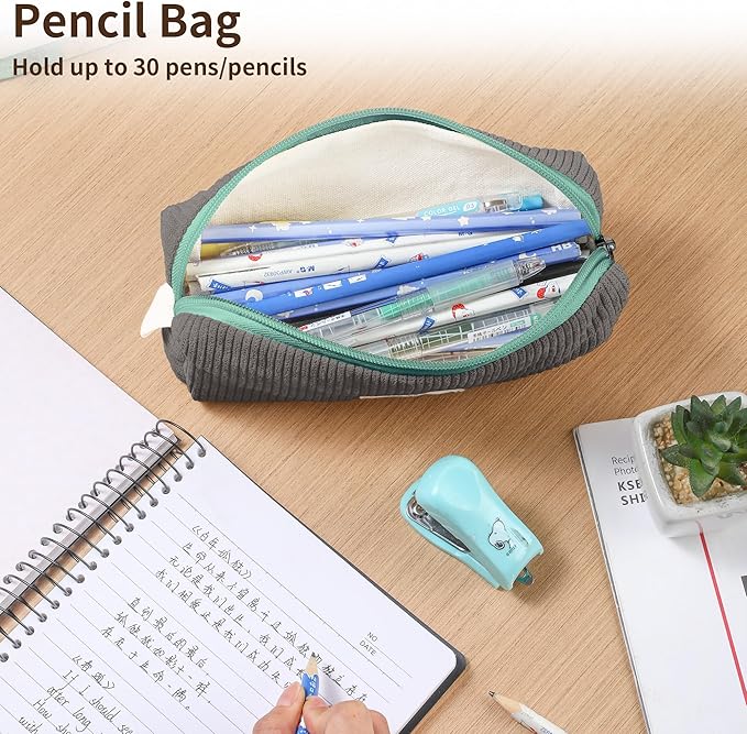 Pencil Bag Pen Case, Soft Corduroy Small Pencil Pouch Organizer with Zipper, Cute Pencil Case Pouch Stationery for Girls and Boys – Grey