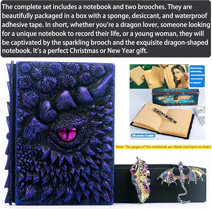 3D Dragon Eye Embossed Journal,Resin Engraving Notebook,Dnd notebook for Dragon Lovers ，Blank Paper,Hardcover Travel Notepad for Writing,Sketchbook,Collection,Gift,Decoration A4 and A5 Size (A5-Dark Purple-two brooches)
