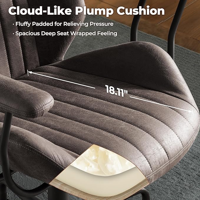 ovios Ergonomic Home Office Chair, Mid-Century Modern Faux Leather Chairs with Padded Armrests, Comfy Mid Back Swivel Rolling Executive Computer Armchair (Dark Grey, Suede Leather)