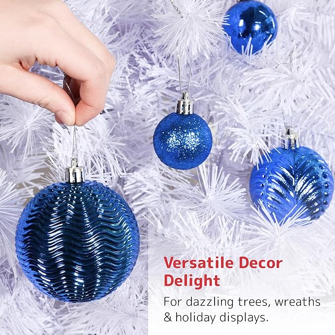 PREXTEX 36 Piece Blue Christmas Ornaments Set with Hanging Loops - Durable, Shatterproof Christmas Balls in 3 Sizes and 6 Styles - Midnight Blue Xmas Decorations for Trees, Wreaths, and Holiday Decor