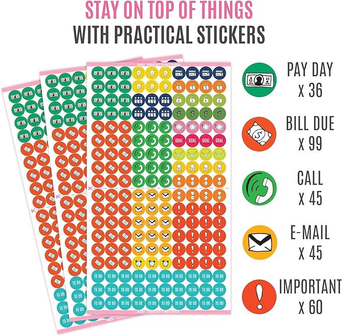 Mirida Planner Stickers – 1700 Productivity Mini Icons for Adults Calendar – Work, Daily To Do, Budget, Family, Holidays, Journaling – Variety Pack with Monthly Tabs