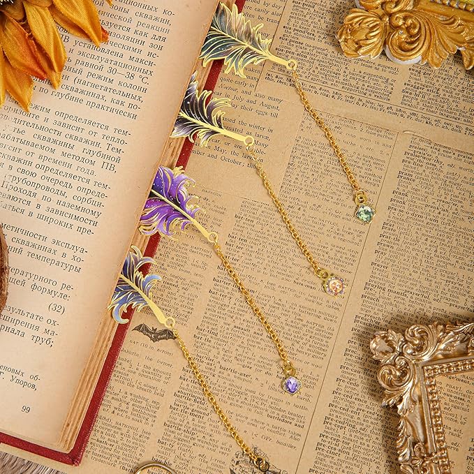 Feather-Shaped Metal Bookmarks with Chain, 4-Pack Vintage-Inspired Book Marks Set - Cute Unique Page Markers Gifts for Book Lovers, Readers, Writers, Reading Women, Men, Kids, Teens (Starry Wings)