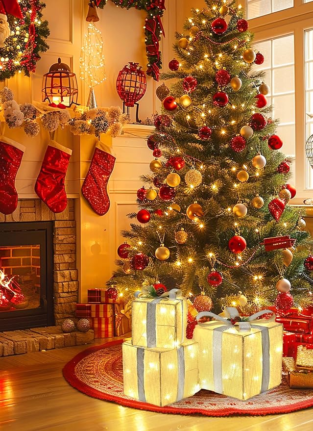 Set of 3 Christmas Decorations Lighted Gift Boxes, 12in 10in 8in with 60 Pre-Lit Mini String Lights，Foldable LED Xmas Gift Boxes with Bows for Tree Indoor Outdoor Holiday Party Yard Home Decor