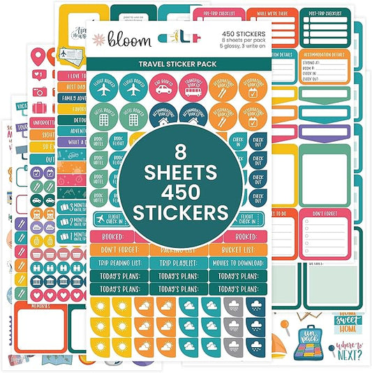 bloom daily planners Travel Planner Stickers - 8 Sheets / 450 Stickers - Adventure Variety Pack for Trip Planning, Scrapbooking, Calendar Decorating, Vacation Journaling - Colorful Icons & Quotes