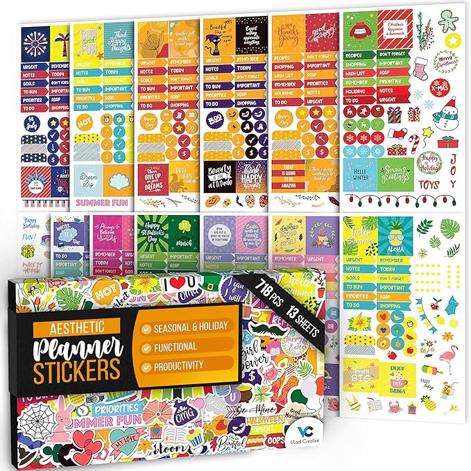 Vladi Creative Aesthetic Planner Stickers – 718 Matte Stickers / 13 Sheets – Seasonal, Holiday, Functional & Productivity – Easy-Peel – Ideal for Bullet Journals, Calendars, Scrapbooking