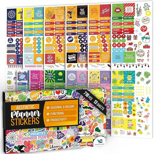 Vladi Creative Aesthetic Planner Stickers – 718 Matte Stickers / 13 Sheets – Seasonal, Holiday, Functional & Productivity – Easy-Peel – Ideal for Bullet Journals, Calendars, Scrapbooking