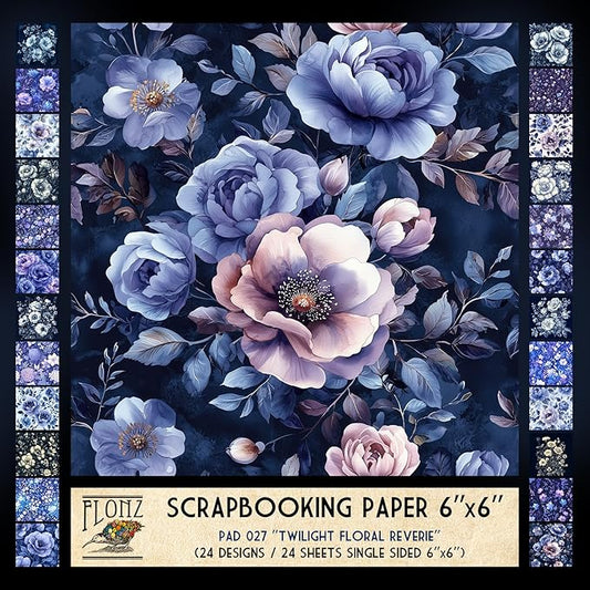 FLONZ Scrapbook Paper (24 sheets 6"x6") Twilight Floral Reverie ~ Dreamlike floral patterns in deep indigo and lavender tones, created in digital watercolor and ink illustration style