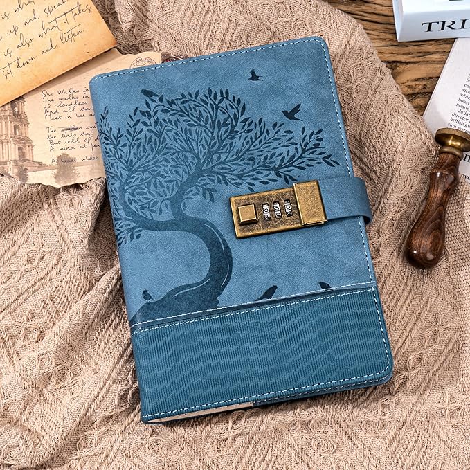 Vintage Diary with Lock for Women Girls 256 Pages Leather Password Journal with Lock A5 Locking Journals for Writing Note Taking Boys Men, 5.9x 8.3 in, Blue
