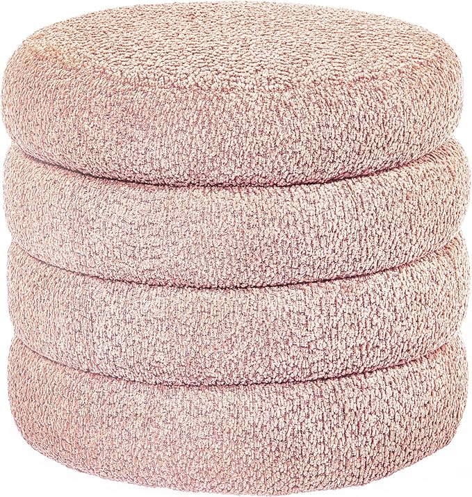 Storage Ottoman, Round Ottoman with Storage, Vanity Stool Foot Rest with Removable Lid, Round Boucle Upholstered for Living Room Pouf Footstool (Pink)