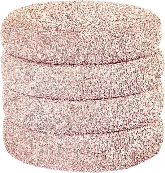 Storage Ottoman, Round Ottoman with Storage, Vanity Stool Foot Rest with Removable Lid, Round Boucle Upholstered for Living Room Pouf Footstool (Pink)