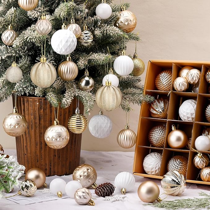 64 Pcs Neutral Christmas Ball Ornaments Champagne Gold White Christmas Tree Decorations Set 1.6/1.97/2.4 Inch Shatterproof Glitter Matt Xmas Baubles Neutral Ornaments for Xmas Tree Home Decor