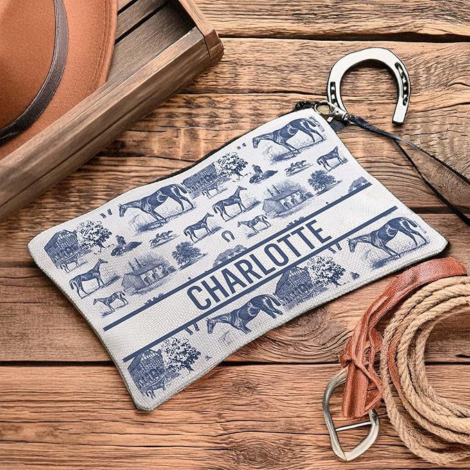 Custom Small Cosmetic Pouch Equestrian Personalized Makeup Bag for Purse with Text and Wrist Strap Essentials Christmas Birthday Horse Gifts for Girls Women
