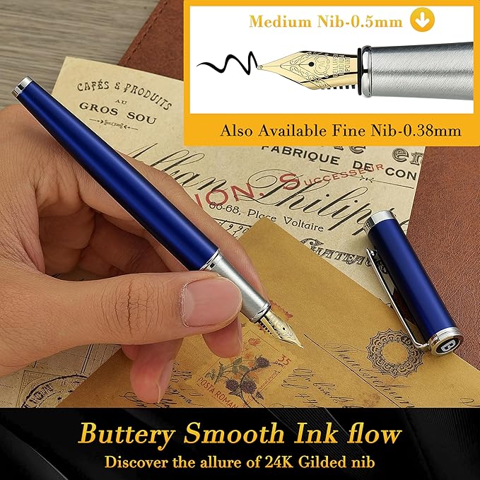 BEILUNER Luxury Fountain Pen Set,Solid 24K Gilded Medium Nib, Modern Classic Limited Edition -Includes 6 Ink Cartridges&Ink Refill Converter with Gift Case-Perfect for Men and Women（Charming blue）