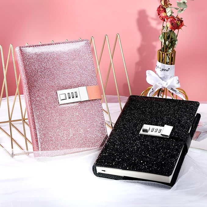 CAGIE Journal with Lock for Women Refillable Lock Journal for Men with 224 Pages Glitter Black Diary with Lock for Girls, Adults, 5.3 x 7.9 Inches