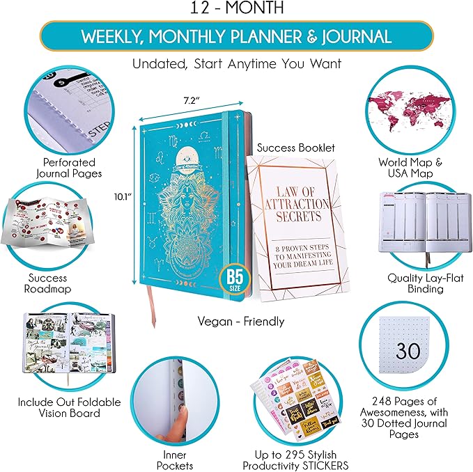 Law of Attraction Planner – Undated Hourly, Weekly & Monthly Goal Setting Planner, 12-Month to Increase Productivity | Life & Gratitude Journal, Include Foldable Vision Board, Gift Box & Stickers