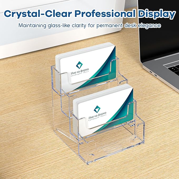 Acrylic Business Card Holder for Desk, Clear Plastic Business Card Stand with 4 Tier, Multiple Business Display Holder for Exhibition, Office and Hotel, 2 Pack