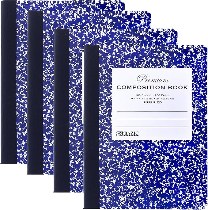 BAZIC Composition Book Black Marble Unruled Ruled 100 Sheet Notebook, Blank Page Journal Comp Notebooks for School, 4-Pack