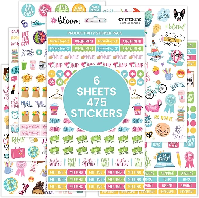 bloom daily planners Productivity Stickers - Variety Sticker Pack - Six Sticker Sheets Per Pack!