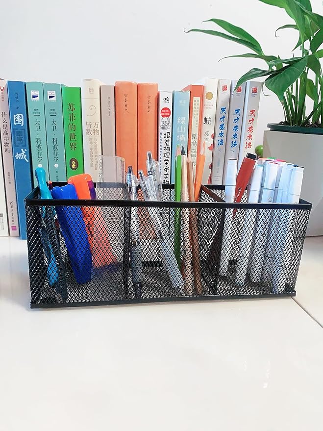 New Pencil Holder, Metal Mesh Pen Holder Desk Organizer 3 Compartments for Office School Home Supplies or Accessories,Kitchen Utensil,Small 10.43 x 3.3 x4 inch, Black(1pc pack)