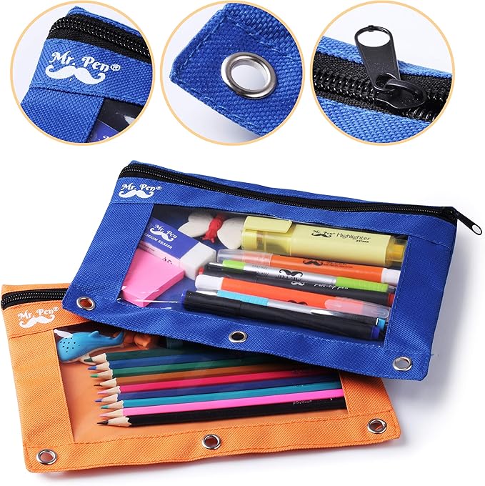 Mr. Pen - Pencil Pouch, Blue and Orange, 2 Fabric Pencil Pouches, Binder Pockets, Pencil Case, Binder Pouch, Pencil Bags, Pencil Pouch 3 Ring, Pencil Bags with Zipper, Zippered Pencil Pouch, Canvas