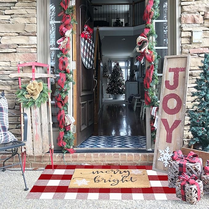 Christmas Plaid Outdoor Rug, 2'x4'3'' Red&White Check Indoor/Outdoor Area Rug, Layering Rug for Hello/Welcome Door Mat, Machine Washable Cotton Woven Rug for Farmhouse Front Porch, Entryway