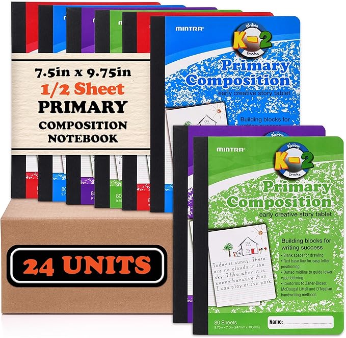 Mintra Primary Composition Notebook, 24 units 6-4 Pack, Assorted Colors, 80 Sheets, 7.5in x 9.75in, 1/2 Sheet, Ruled with Drawing Area, Flexible Hardcover Journal, Grades K-2, School & Home Use