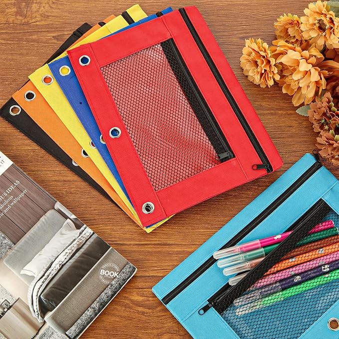 SHUESS 24 Pack Pencil Pouch for 3 Ring Binder, Bulk 3 Holes Zipper Pencil Pouches in 6 Assorted Colors, Durable Binder Pencil Pouch/Bag for Office Supplies