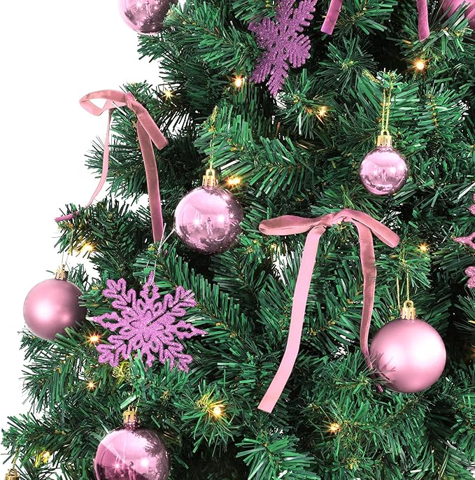 86Pcs Led Light Pink Christmas Tree Decorations Set 100 Led Light Christmas Star Trees Topper with String Lights Xmas Balls Snowflakes Ornaments Bows Xmas Trees Decor 20m Light String