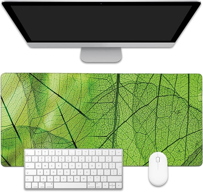 Green Foliage Texture Desk Mat,Large Gaming Mouse Pad,Non-Slip Rubber Base Desk Pad with Stitched Edges for Desk Office Home Decor 35.4X15.7 Inch