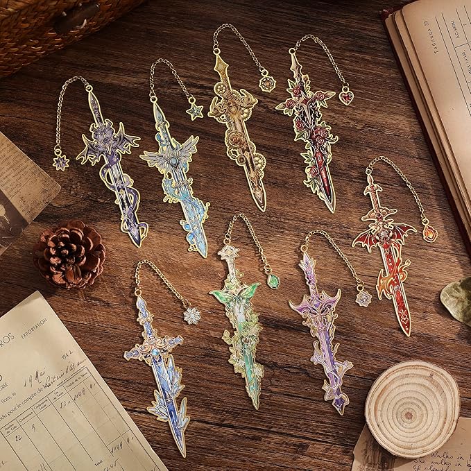 8pcs Fantasy Sword Bookmarks for Books, Journals, Planners - Cool Metal Book Markers for Reading Women & Men, Unique Book Marks Gifts for Book Lovers, Reading Accessories for Students & Adults & Kids