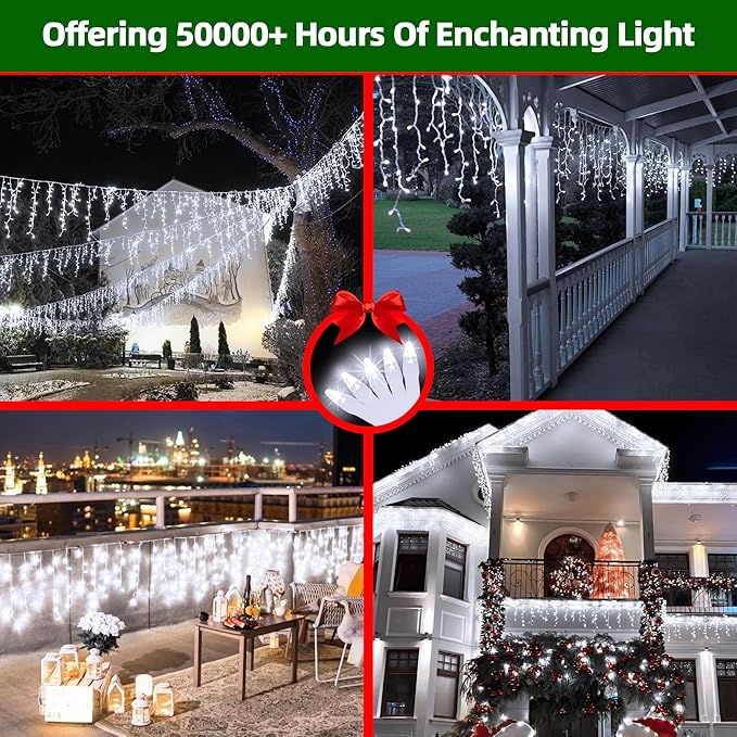 1296 LED Outdoor Christmas Lights with 288 Drops, 131FT ChristmasLights with 8 Modes Timer, Christmas Twinkly Lights IP44 Waterproof for Eaves Yard Room Holiday Wedding Party Decor(Cool White)