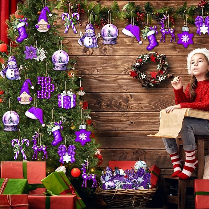 Huwena 36 Pcs Christmas Wooden Ornaments Purple Christmas Decorations for Tree Snowman Gnomes Poinsettia Flowers Truck Wreath Wood Cutouts Tags with Ropes Winter Decor for Xmas Tree Gifts