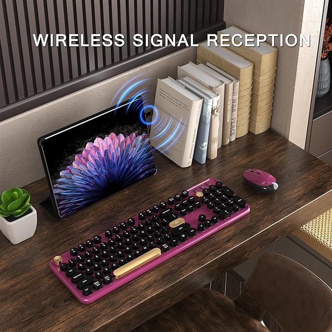 Colorful Wireless Computer Keyboard and Mouse Combo with Round Typewriter Keycaps, Retro Design, Power Switch, Ergonomic Design, 2.4GHz Wireless for Windows, Mac, PC（Black-Claret）