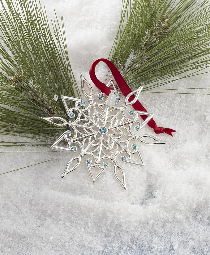 Lenox Ornament, 2025 Snow Majesty Silverplate Ornament, Stainless Steel Christmas Tree Decoration, Snowflake Design, Blue Jeweled Accents, Red Ribbon for Hanging, Christmas Decoration(Silver, 1 Piece)