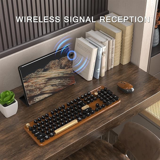 Colorful Wireless Computer Keyboard and Mouse Combo with Round Typewriter Keycaps, Retro Design, Power Switch, Ergonomic Design, 2.4GHz Wireless for Windows, Mac, PC(Black-Brown)