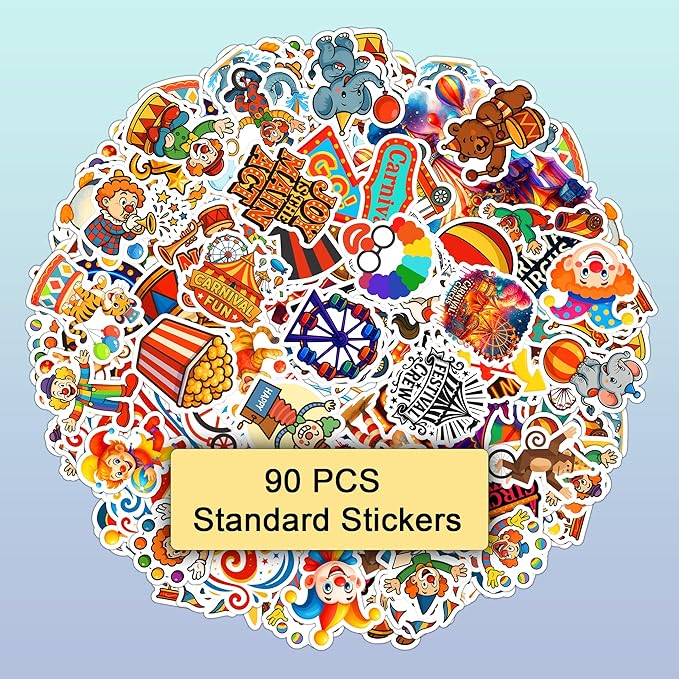 100 PCS Carnival Circus Stickers Pack, Vinyl Waterproof Decals of Clowns Popcorn Ferris Wheel Elephants, Fun Gift for Kids Teens Boys Girls Birthday Laptop Bottle Scrapbook