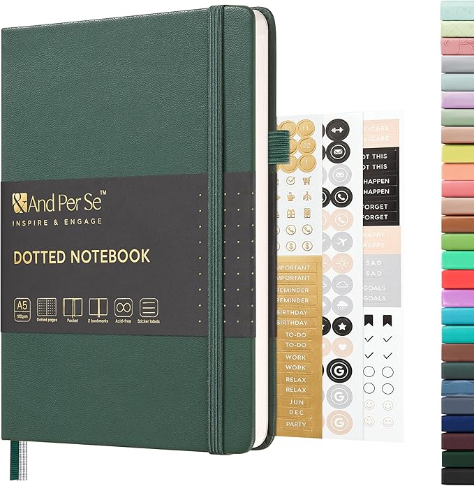 &And Per Se Dotted Journal Notebook, A5 Hardcover Leather Journal, 160 Pages 100 gsm Thick Dotted Paper，3 Sheets of Stickers Included - 5.7'' x 8''（Green）
