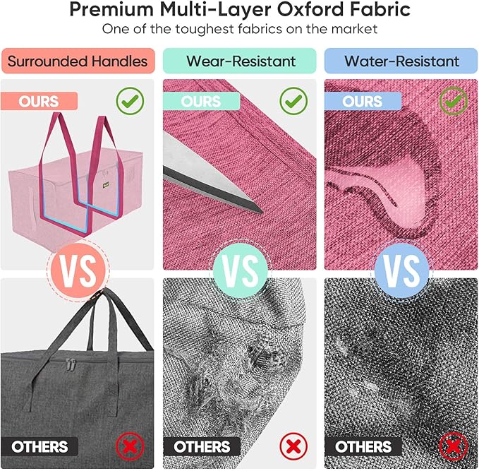 BALEINE Extra Large Storage Tote with Zippers & Carrying Handles, Heavy-Duty Oxford Fabric Moving Bags for Laundry, Space Saving, Storage, 2-Pack, Berry Red