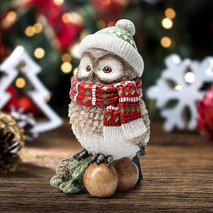 Christmas Owl Figurines for Holiday Decorations, Xmas Owl Statues Decor for Shelf Table Bookshelf Office Home Decor,Winter New Year Decoration -Indoor Christmas Statue Owl Gifts for Bird Lovers Women