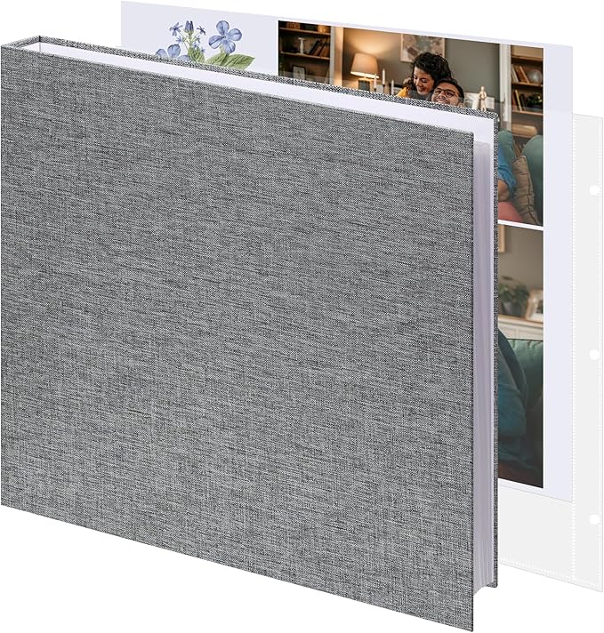 Vienrose 12x12 Inch Large 3 Ring Binder Scrapbook Photo Album, Linen Cover DIY Scrapbooks with 50 Sheets Plastic Sleeves 100 Pages Blank White Inner Pages for Wedding Birthday Baby Travel Grey