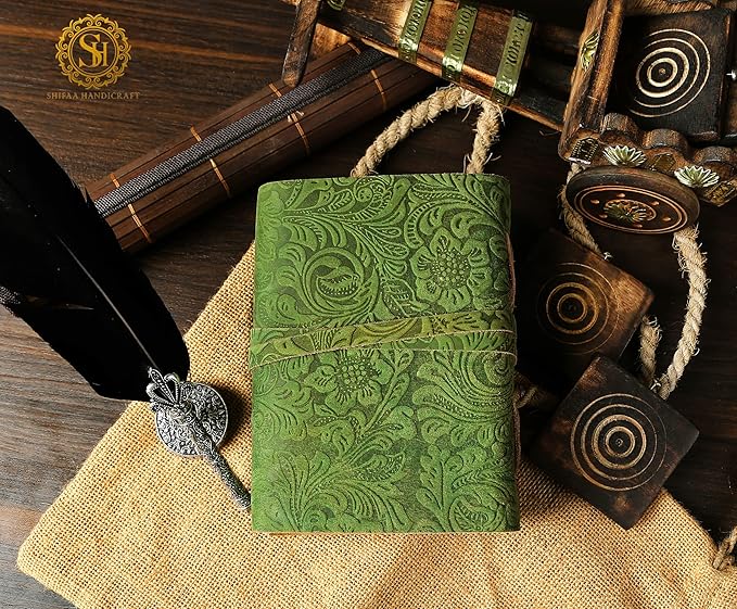 SH SHIFAA HANDICRAFT Leather Journal - Antique Handmade Deckle Edge Vintage Paper Leather Bound Journal - Book of Shadows Journal - Leather Sketchbook - Drawing Journal - Great Gift (Green) (8x6)