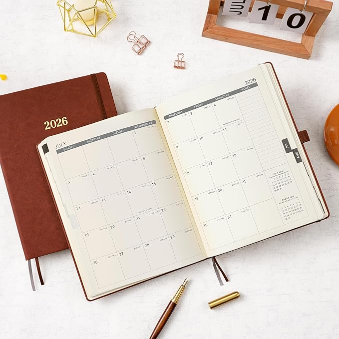 Vondafe 2026 Planner - Weekly and Monthly Planner 2026, Jan.2026 - Dec.2026, 9" x 11", 2026 Calendar Planner with Inner Pocket + Elastic Closure + Pen Loop + Bookmarks, Leather Hardcover - Brown